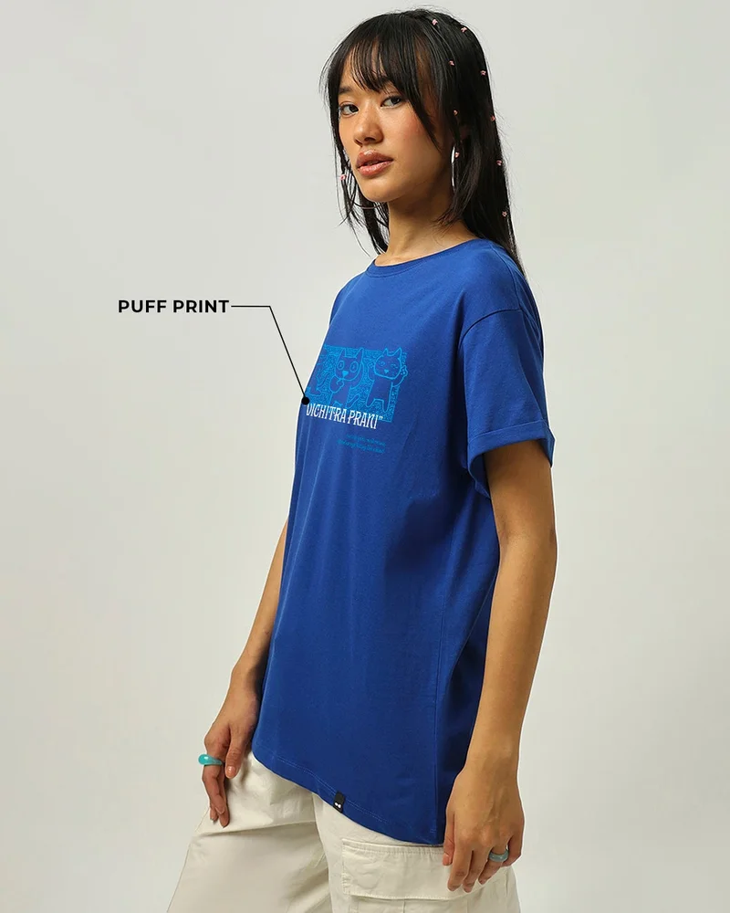 bewakoof Women's Blue Vichitra Prani Graphic Printed Boyfriend T-shirt